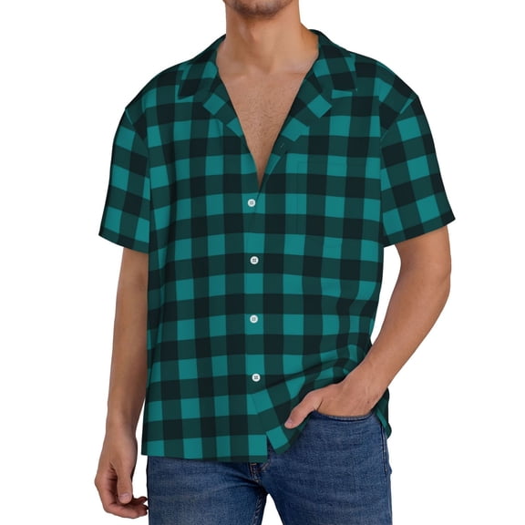 Rateoe Teal On Black Plaid Pattern Men's Short Sleeve Classic Shirt, Casual Short-Sleeved Shirt, Lightweight Summer Shirt, Cuban Collar Shirt,Button-Front Shirt-XX-Large