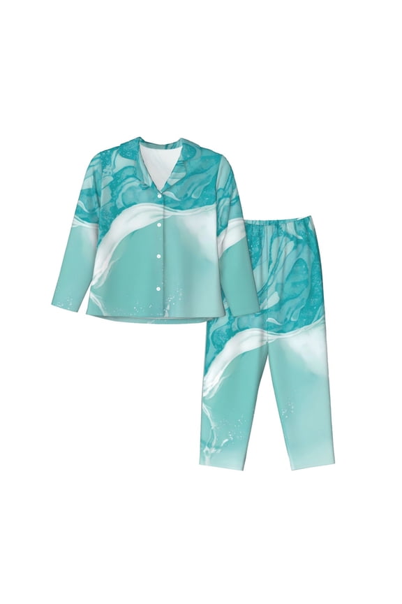 Teal Turquoise 1 Pattern Womens Pajamas Set Long Sleeve Sleepwear Button Down Nightwear Soft Cotton Pj Lounge Sets-Medium