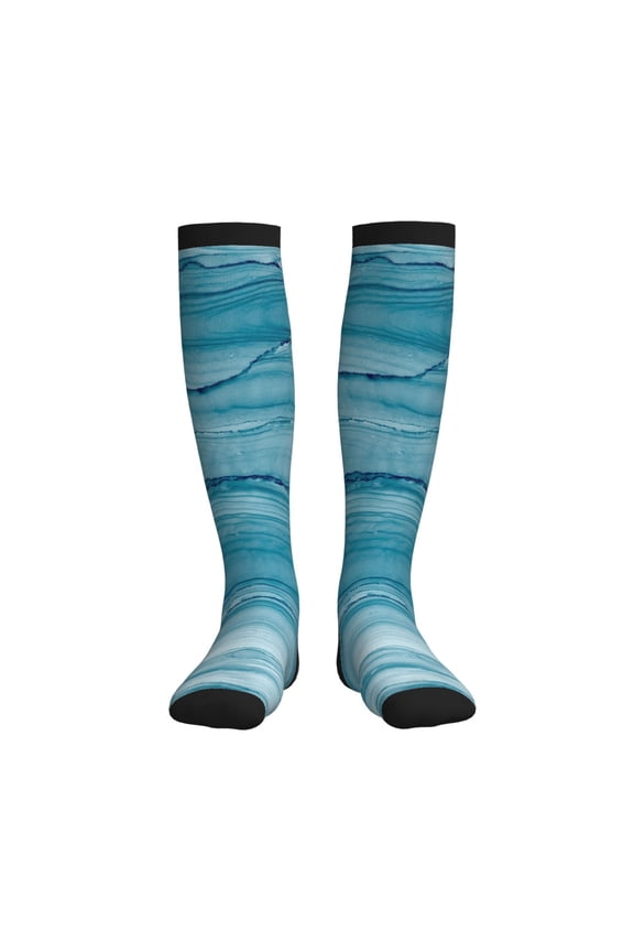 Teal Turquoise Fluid Stripes Compression Socks for Women and Men 20-30mmHg-Circulation Support Socks Knee High Nurse Pregnant Running Medical and Travel Athletic