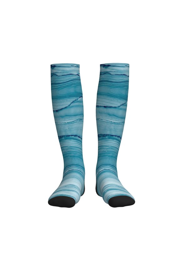 Teal Turquoise Fluid Stripes Compression Socks for Women and Men 20-30mmHg-Circulation Support Socks Knee High Nurse Pregnant Running Medical and Travel Athletic