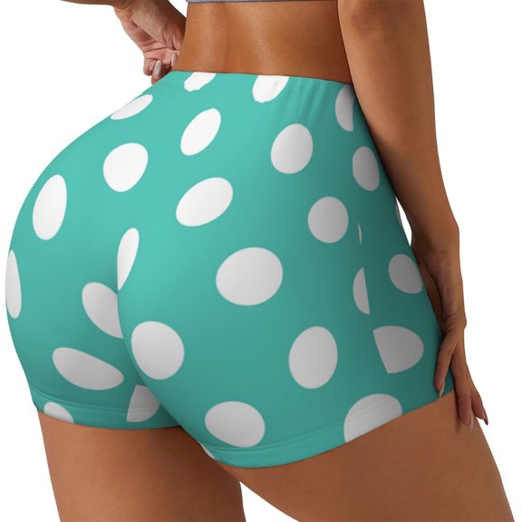 Rateoe Teal Turquoise And White Polka Dot Printed Power Workout Shorts for Women Tummy Control Squat Proof Ribbed Thick Seamless Scrunch Active Short-Large