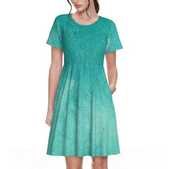 Rateoe Teal Turquoise1 Pattern Women’s Short Sleeve Dress – Casual Elegant Summer A-Line Dress for Everyday Wear