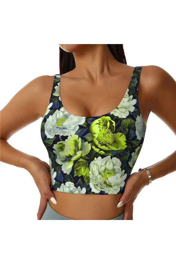 Teal floral elegance Print Womens' Sports Bras Scoop Neck Sports Vest- Padded U Back Seamless High Impact Support-Medium