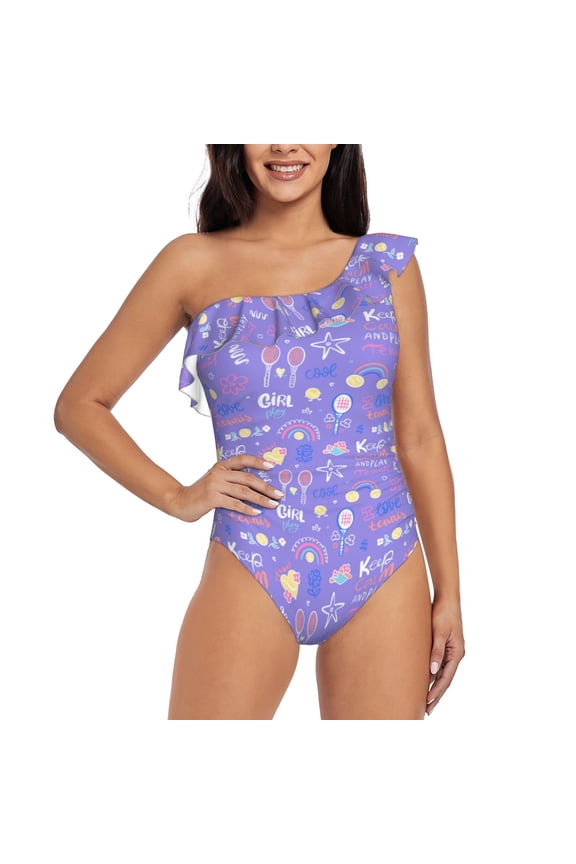 Tennis 1 Pattern Women One Piece Swimsuits Tummy Control One Shoulder Bathing Suits Ruffle Swimwear-