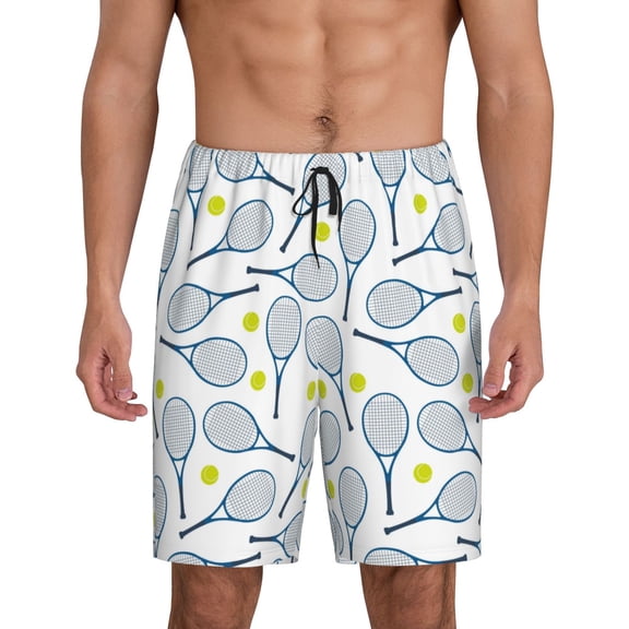 Rateoe Tennis Rackets And Balls Print Men's Lounge Shorts – Soft & Breathable Pajama Bottoms with Pockets, Elastic Waistband, Lightweight Sleepwear for Nightwear & Loungewear-Small
