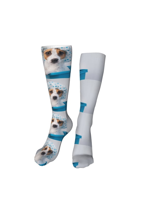 Terrier Takes A Bath With Shower Cap print Women's Men's Novelty 20in Crew Socks Cotton Socks Knee High Socks for Walking,Running,Nurses,Pregnancy-One Size