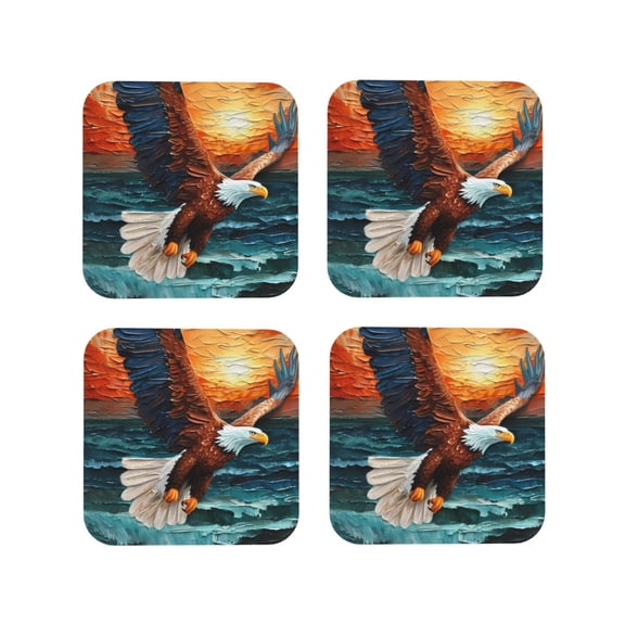 Rateoe Textured Bald Eagle Drawing Drink Coasters Set of 4 Leather Coasters Spill Protection for Table Desk,Durable and Non Slip Leather Coaster ,4 Inches Drink Mats-Square