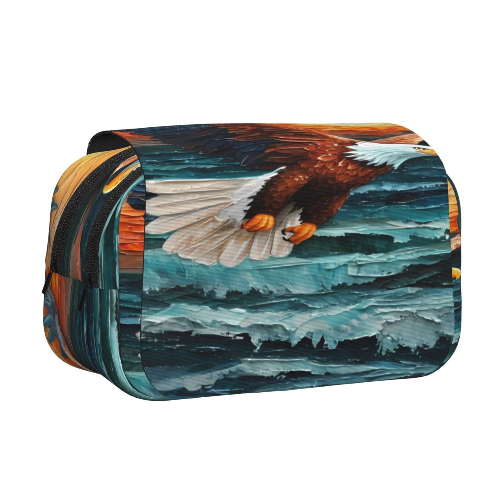 Rateoe Textured Bald Eagle Pattern Double Clamshell Pen Case, Storage Organizer with Two Zipper Compartments– Holds Up to 50 Pencils & Pens