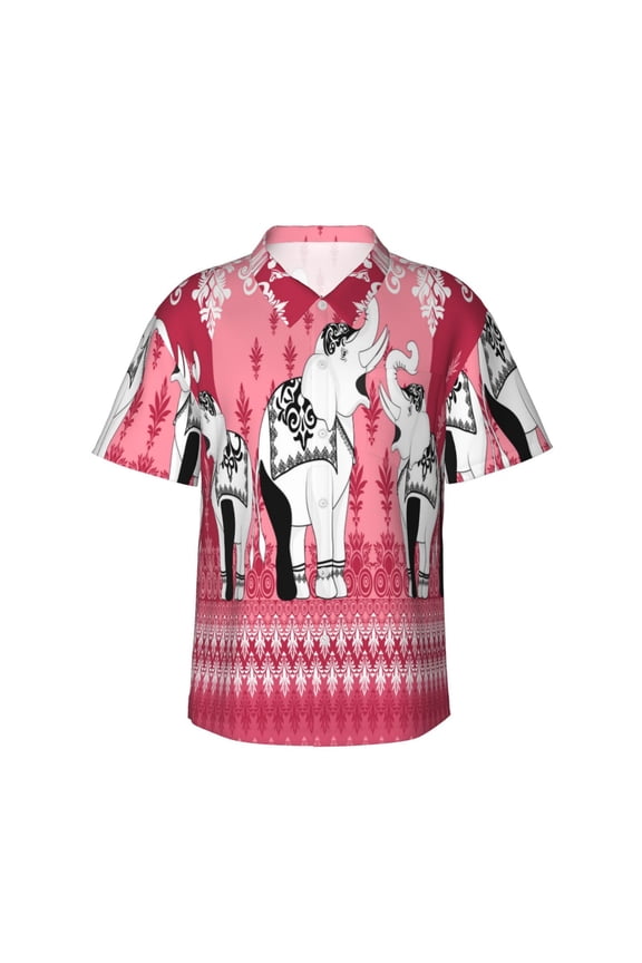 Thai elephant Pattern Men’s Hawaiian Shirt – Short Sleeve Button-Down Tropical Beach Shirt, Lightweight & Breathable Casual Aloha Shirt with Pocket,Large