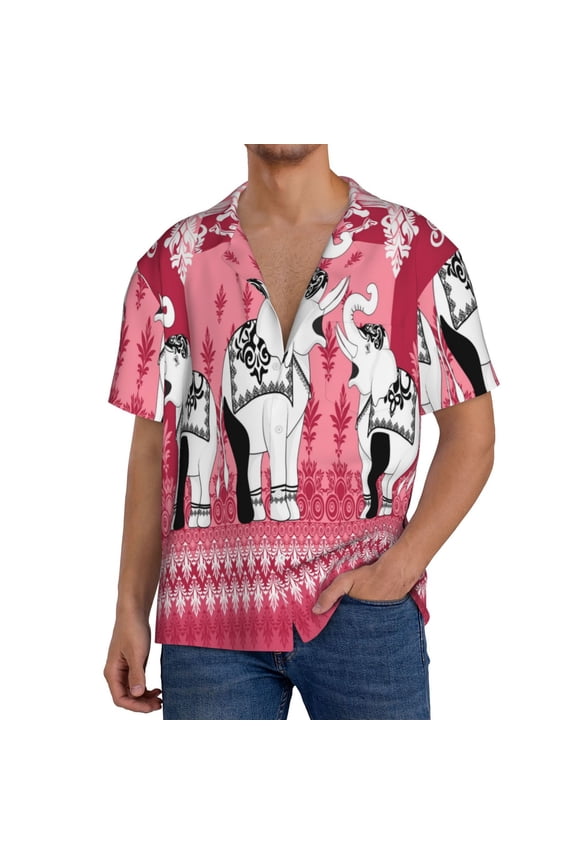 Thai elephant Pattern Men's Short Sleeve Classic Shirt, Casual Short-Sleeved Shirt, Lightweight Summer Shirt, Cuban Collar Shirt,Button-Front Shirt-