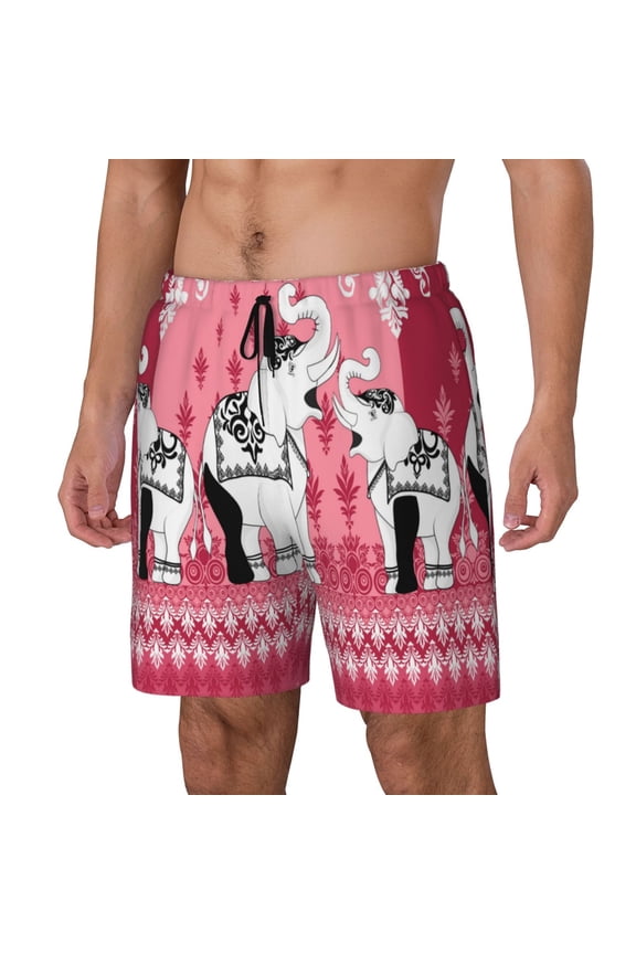 Thai elephant Pattern Men’s Swim Shorts with Compression Liner – Double-Layered Quick-Dry Swimwear, Comfortable & Stretchy Beach Shorts-Large