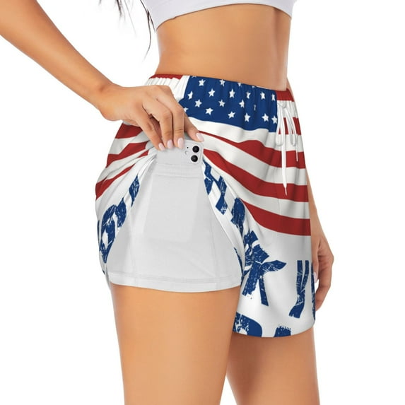 Rateoe Thank You Veterans Printed 2 in 1 Women's Workout Shorts for Athletic Gym Running Shorts with Phone Pockets-Large