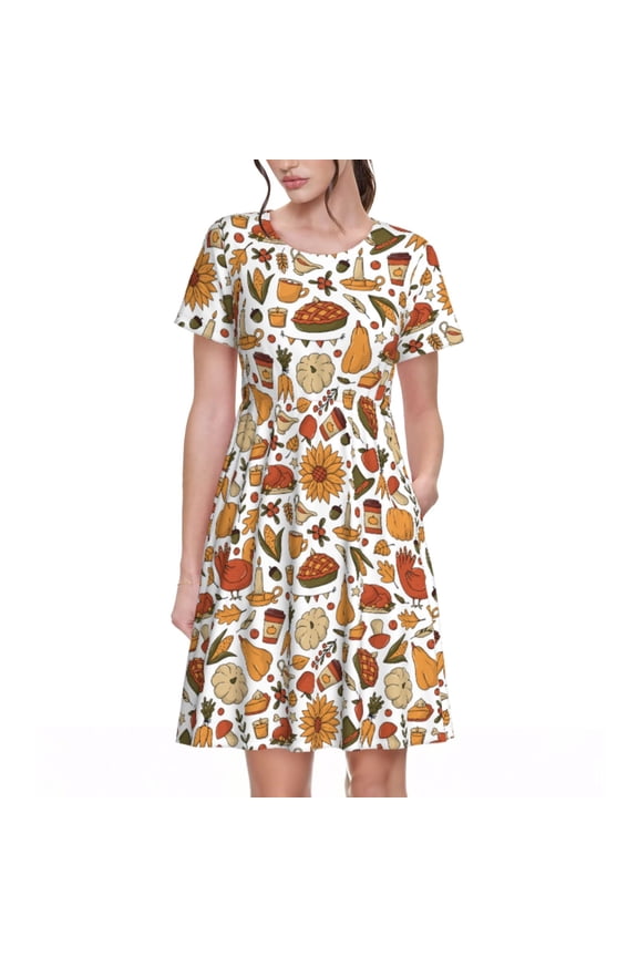 Thanksgiving Food Pattern Women’s Short Sleeve Dress – Casual Elegant Summer A-Line Dress for Everyday Wear