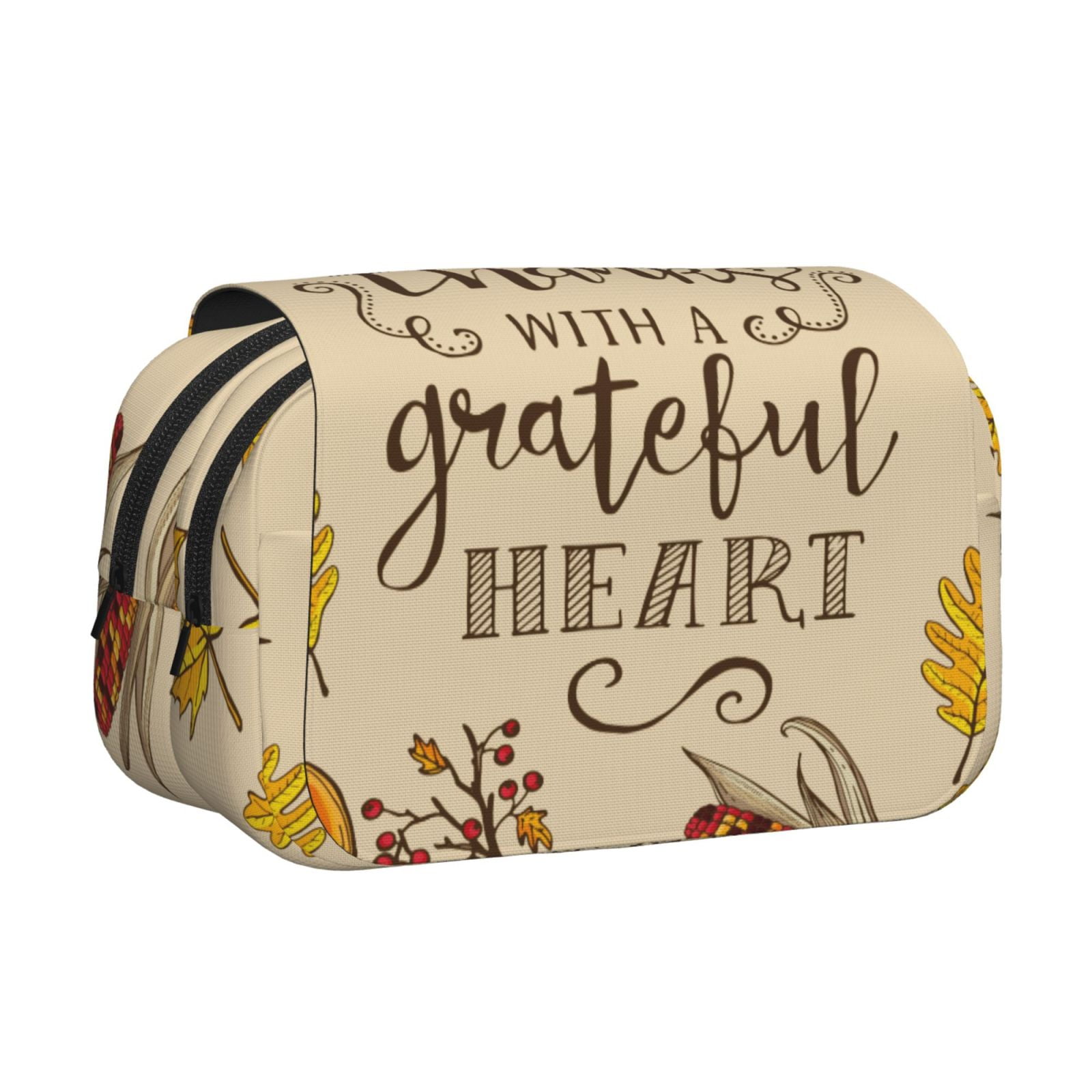 Rateoe Thanksgiving With A Grateful Heart Pattern Double Clamshell Pen Case, Storage Organizer with Two Zipper Compartments– Holds Up to 50 Pencils & Pens