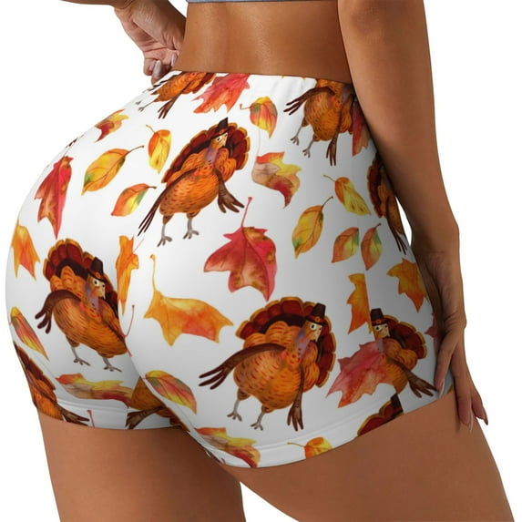 Rateoe Thanksgiving Turkey Leaves Printed Power Workout Shorts for Women Tummy Control Squat Proof Ribbed Thick Seamless Scrunch Active Short-Small