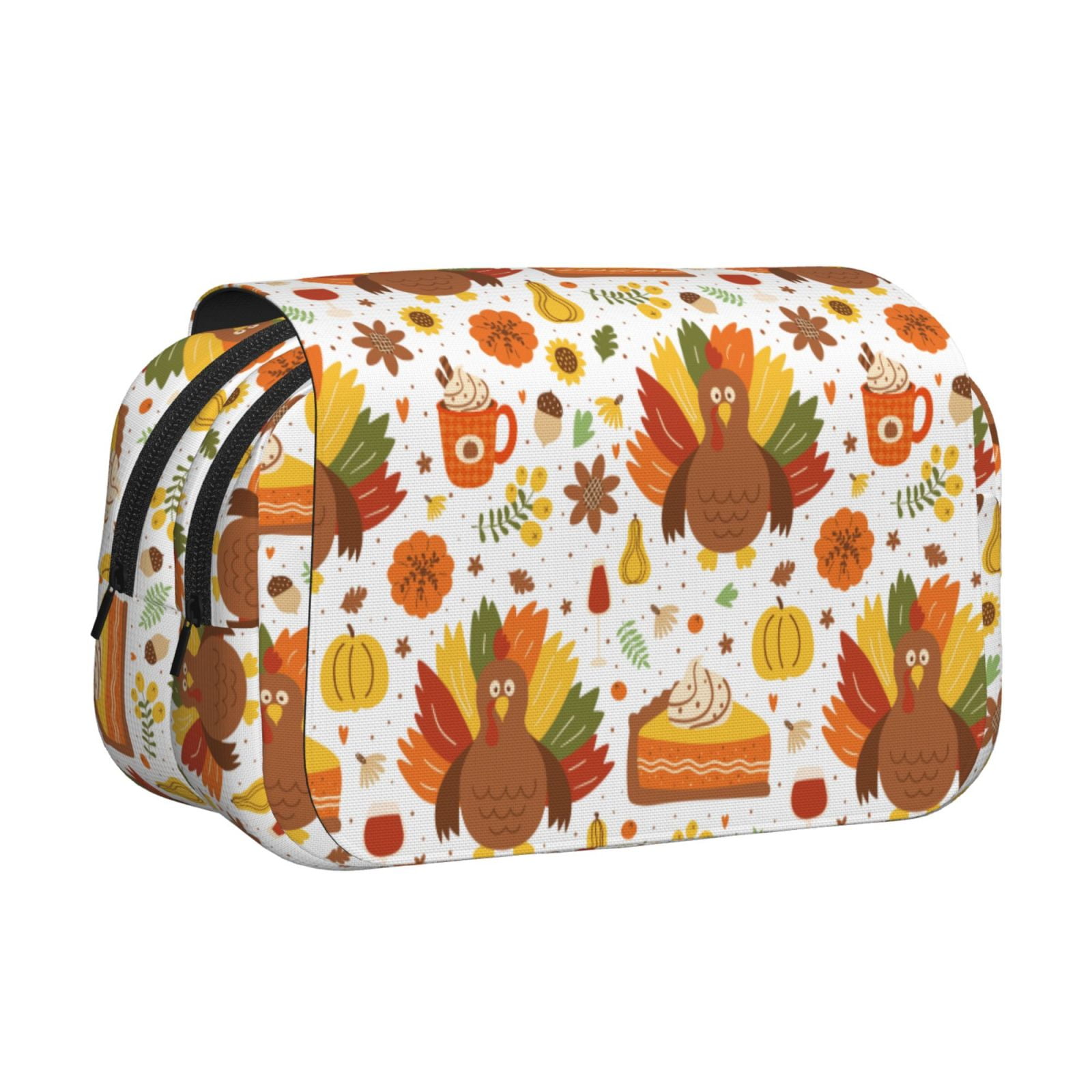 Rateoe Thanksgiving With Turkey Pattern Double Clamshell Pen Case, Storage Organizer with Two Zipper Compartments– Holds Up to 50 Pencils & Pens