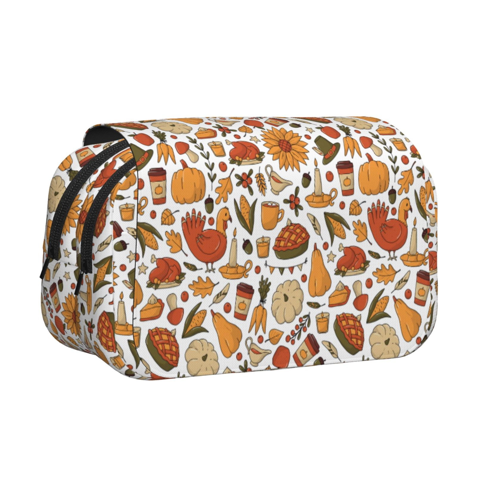 Rateoe Thanksgiving with Food Pattern Double Clamshell Pen Case, Storage Organizer with Two Zipper Compartments– Holds Up to 50 Pencils & Pens