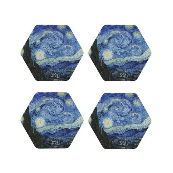 Rateoe The Starry Night Drawing Drink Coasters Set of 4 Leather Coasters Spill Protection for Table Desk,Durable and Non Slip Leather Coaster ,4 Inches Drink Mats-Hexagon