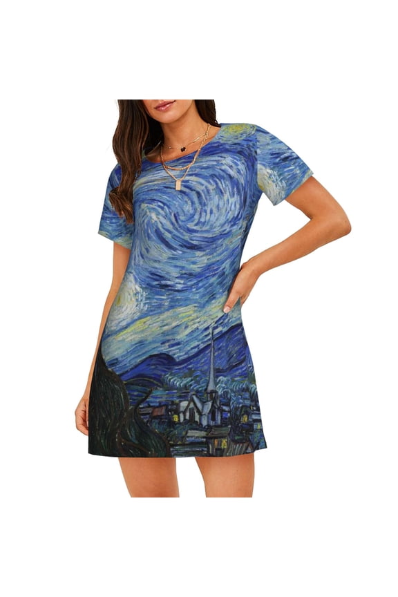 The Starry Night Print Women’s Nightdress – Cozy Cotton Short-sleeved Sleep Shirt, Loose-Fit Sleepwear, Perfect for Relaxing and Sleeping