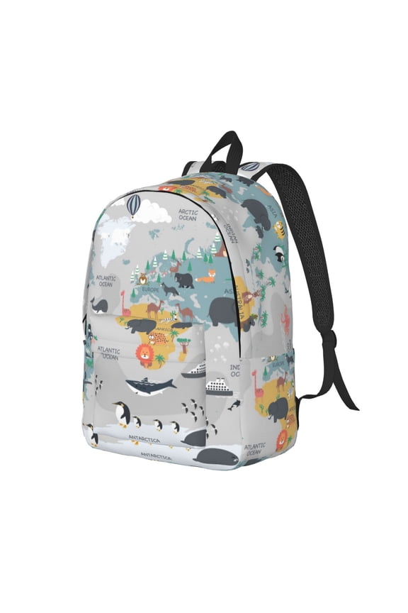 The World Map with Cartoon Animals Pattern Durable Canvas Backpack for Men & Women – Stylish & Lightweight – Adjustable Straps, Multiple Pockets – Fits 15-17 Inch LaptopsSmall