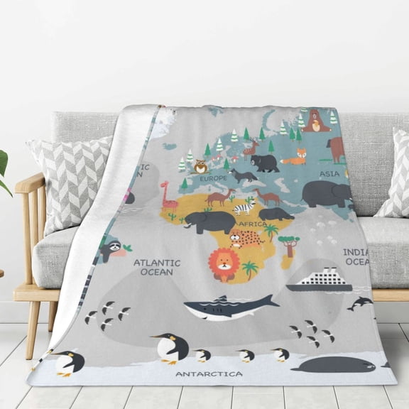 Rateoe The World Map with Cartoon Animals Pattern Flannel Throw Blanket, Ultra-soft Blanket for Bed, Couch, Car, Hypoallergenic Anti-pilling blanket-40"x30"(Vertical)
