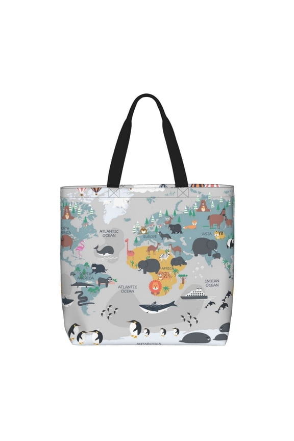 The World Map with Cartoon Animals Print Lightweight Tote Bag for Women, Water-Resistant Shoulder Bag with Zipper, Spacious Casual Handbag for Work, School, Shopping