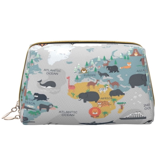 Rateoe The World Map with Cartoon Animals for Travel Makeup Bag,Large Capacity Cosmetic Bags for Women,Waterproof Portable Pouch Open Flat Toiletry Bag Make up Organizer