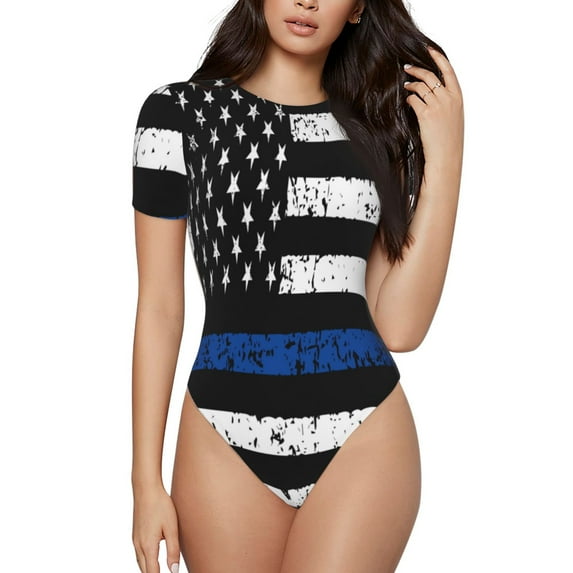 Rateoe Thin Blue Line Flag Printed Women Rash Guard Short Sleeve,Tummy control Swimsuit Surfing Swimsuit Bathing Suit Short-sleeved Onesie UPF 50+-Medium