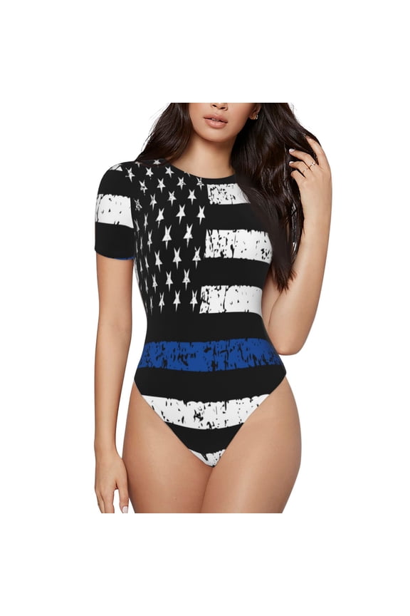 Thin Blue Line Flag Printed Women Rash Guard Short Sleeve,Tummy control Swimsuit Surfing Swimsuit Bathing Suit Short-sleeved Onesie UPF 50+-