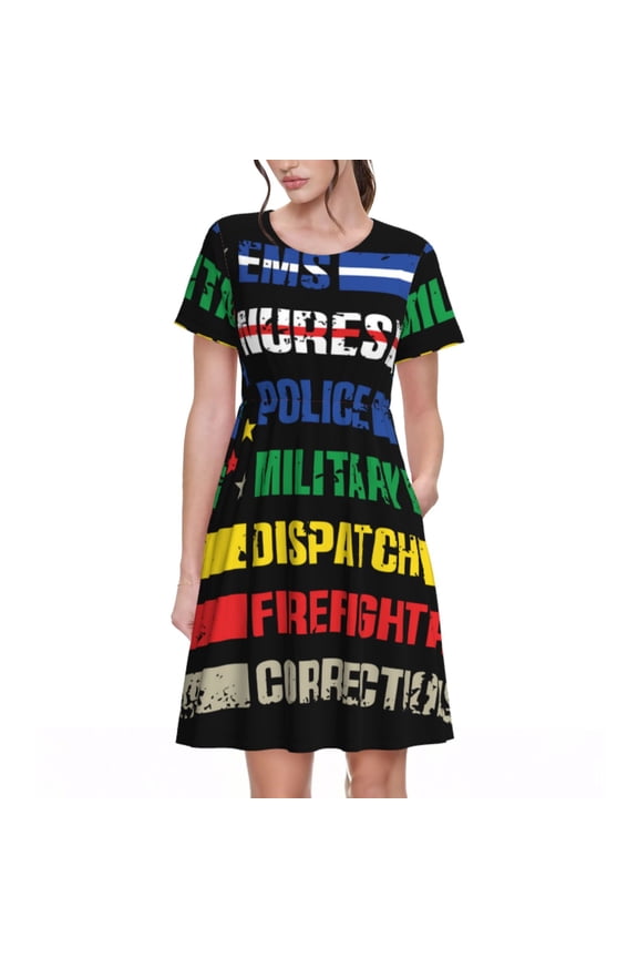 Thin Green Line With USA Flag Pattern Women’s Short Sleeve Dress – Casual Elegant Summer A-Line Dress for Everyday Wear