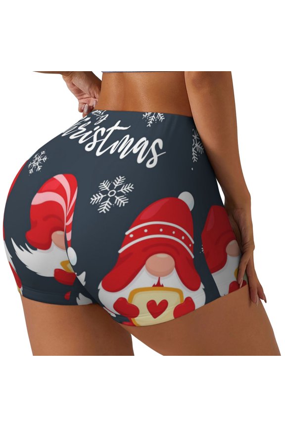Three Cute Christmas Gnomes Printed Power Workout Shorts for Women Tummy Control Squat Proof Ribbed Thick Seamless Scrunch Active Short-Large
