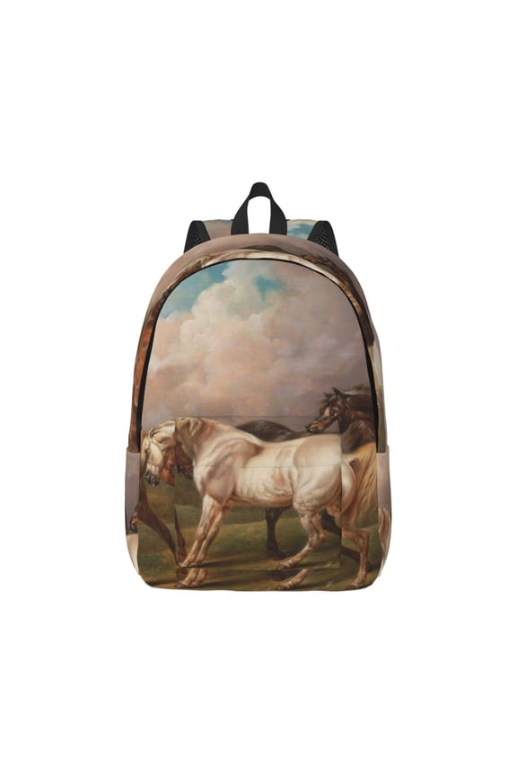 Three Horses Oil Painting Pattern Canvas College Laptop Backpack,Travel Daypack,Durable Rucksack Travel Notebook Bag School Backpack Book Bag for Men Women-Medium