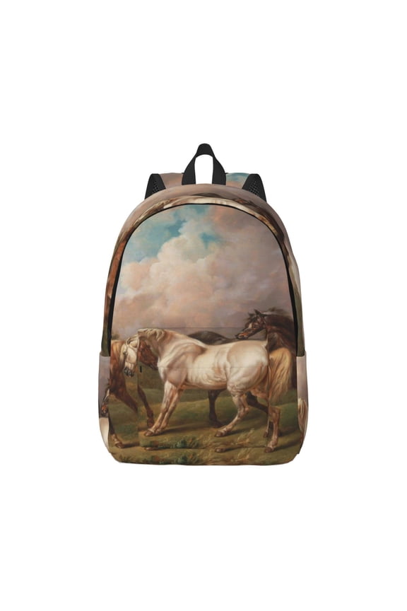 Three Horses Oil Painting Pattern Canvas College Laptop Backpack,Travel Daypack,Durable Rucksack Travel Notebook Bag School Backpack Book Bag for Men Women-Medium