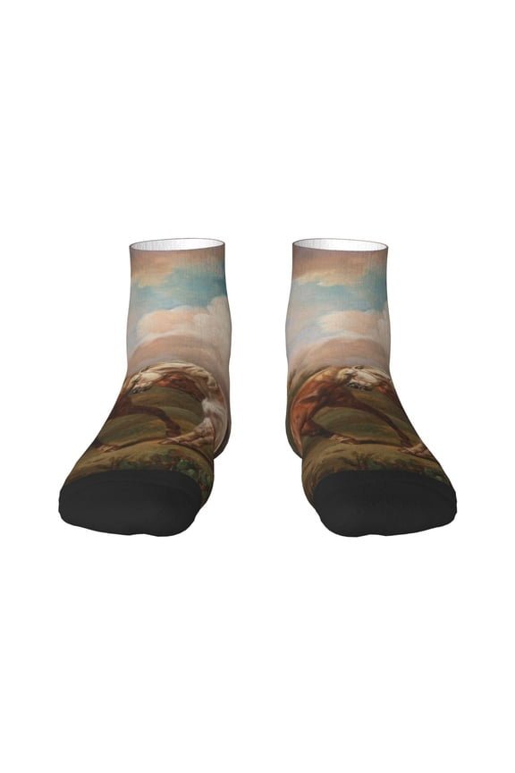 Three Horses Oil Painting Pattern Quarter Crew Socks,Toe Seamed Ankle Socks,Cotton Cushioned Breathable Athletic Crew Sports Socks