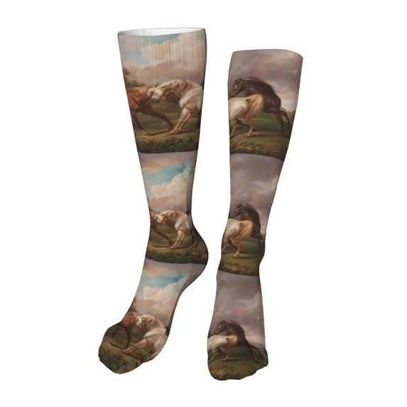 Rateoe Three Horses Oil Painting print Women's Men's Novelty 20in Crew Socks Cotton Socks Knee High Socks for Walking,Running,Nurses,Pregnancy-One Size