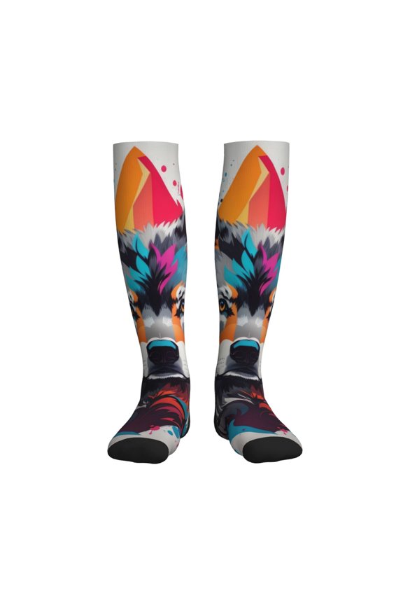 Tie-Dye Wolf Head Compression Socks for Women and Men 20-30mmHg-Circulation Support Socks Knee High Nurse Pregnant Running Medical and Travel Athletic