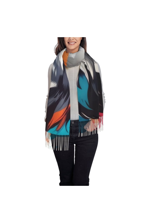 Tie-Dye Wolf Head Women's Traditional Scarf Wrap Tassel Shawl Fringes Neck Head Shawl Retro Scarf