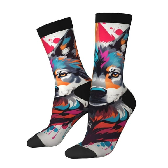 Rateoe Tie-Dye Wolf Head for Women Casual Calf Socks - Cute Crew Socks - Thin Soft Above Ankle Socks Size 5-11