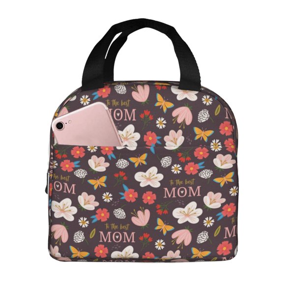 Rateoe To The Best Mom Pattern Insulated Lunch Bag with Thick Aluminum Foil Lunch Tote Bag with Front Pocket for Men and Women, Ideal for Work, School, Picnics, and Travel