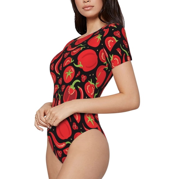 Rateoe Tomatoes And Chili Printed Women Rash Guard Short Sleeve,Tummy control Swimsuit Surfing Swimsuit Bathing Suit Short-sleeved Onesie UPF 50 