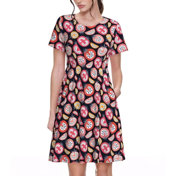 Rateoe Tomatoes Pattern Women’s Short Sleeve Dress – Casual Elegant Summer A-Line Dress for Everyday Wear