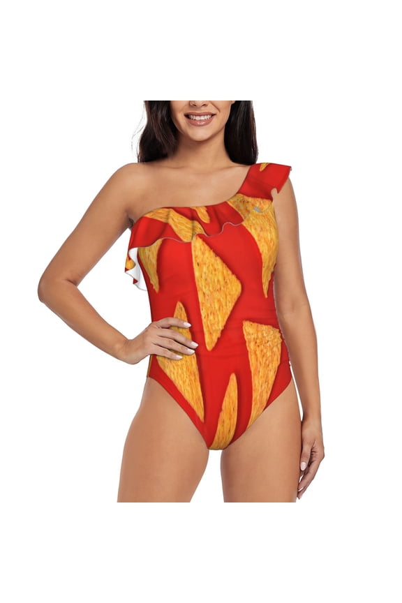 Tortilla chips Pattern Women One Piece Swimsuits Tummy Control One Shoulder Bathing Suits Ruffle Swimwear-X-Large