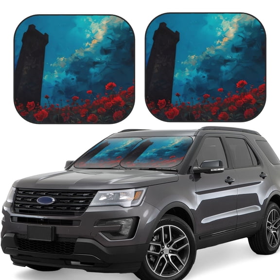 Rateoe Tower And Red Roses Pattern 2 Piece Car Windshield Sun Shade Foldable | Front Windshield Shade for Sun, Heat and UV Rays | Sunshade for Car Front Window-Medium