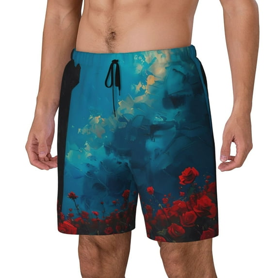 Rateoe Tower And Red Roses Pattern Men’s Swim Shorts with Compression Liner – Double-Layered Quick-Dry Swimwear, Comfortable & Stretchy Beach Shorts-Large
