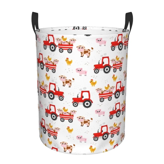 Rateoe Tractor With Farm Animals Pattern Round Laundry Hamper Basket, Tall Hamper Basket for Blanket Storage, Nursery Clothes Hamper for Laundry in Bedroom and College Dorm-Small