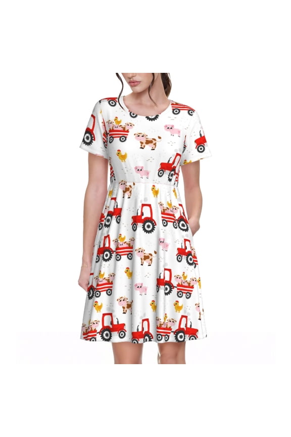 Tractor With Farm Animals Pattern Women’s Short Sleeve Dress – Casual Elegant Summer A-Line Dress for Everyday Wear