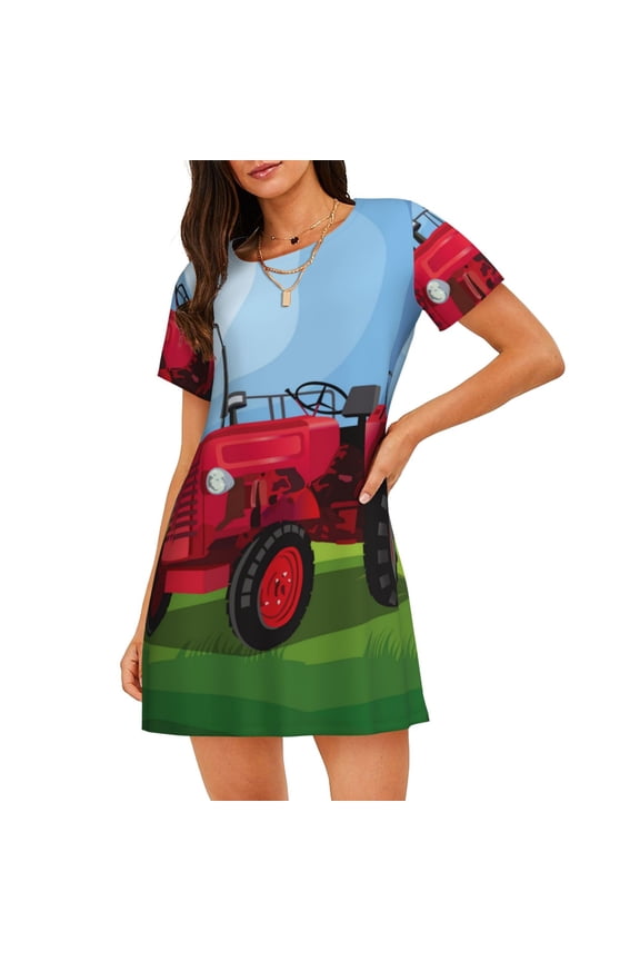 Tractor on farming land Print Women’s Nightdress – Cozy Cotton Short-sleeved Sleep Shirt, Loose-Fit Sleepwear, Perfect for Relaxing and Sleeping