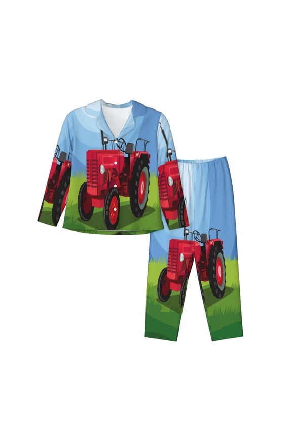 Tractor on farming land Pattern Womens Pajamas Set Long Sleeve Sleepwear Button Down Nightwear Soft Cotton Pj Lounge Sets-X-Large