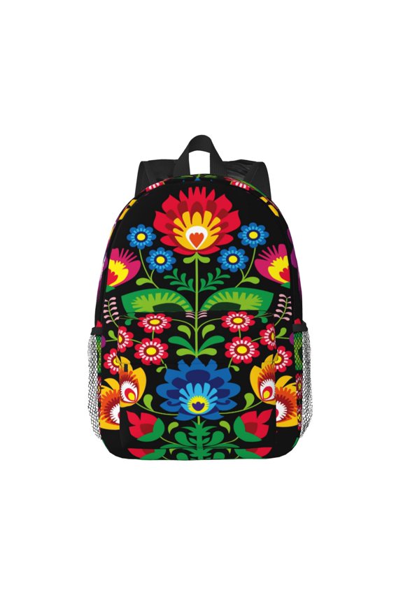 Traditional Floral Polish Pattern Student Backpack Water-resistant Backpack 15-inch Laptop Backpack Lightweight Adjustable School Backpack