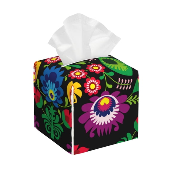 Rateoe Traditional Floral Polish Pattern Tissue Box Cover, Modern Square Decorative Leather Facial Paper Case Organizer Holder Dispenser 5X5X5''